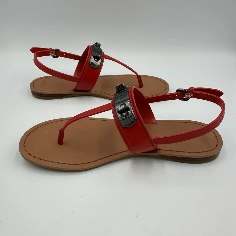 Coach Red Leather T-Strap Sandals
